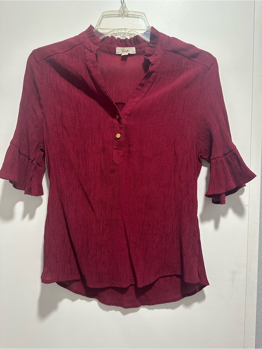 Lightweight Ruffled V-Neck Blouse - Burgundy